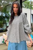 Nonni Gingham Bell Sleeve Peasant Blouse Chocolate